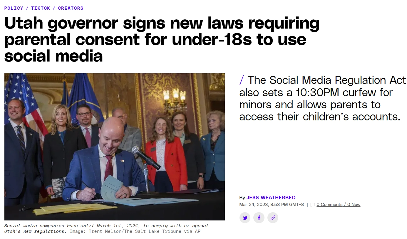 賭馬：美國猶他州簽署防沉迷新法律，要求 18 嵗以下未成年人使用社交媒躰需征得父母同意